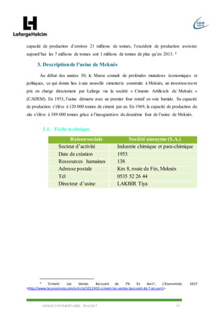 ANNEE UNIVERSITAIRE 2016/2017 15
capacité de production d’environ 21 millions de tonnes, l’excédent de production avoisine
aujourd’hui les 7 millions de tonnes soit 1 millions de tonnes de plus qu’en 2013. 4
3. Descriptionde l’usine de Meknès
Au début des années 50, le Maroc connaît de profondes mutations économiques et
politiques, ce qui donne lieu à une nouvelle cimenterie construite à Meknès, un investissement
pris en charge directement par Lafarge via la société « Ciments Artificiels de Meknès »
(CADEM). En 1953, l’usine démarre avec un premier four rotatif en voie humide. Sa capacité
de production s’élève à 120 000 tonnes de ciment par an. En 1969, la capacité de production du
site s’élève à 389 000 tonnes grâce à l’inauguration du deuxième four de l’usine de Meknès.
3.1. Fiche technique
4 ‘Ciment: Les Ventes Baissent de 7% En Avril’, L’Economiste, 2017
<http://www.leconomiste.com/article/1012450-ciment-les-ventes-baissent-de-7-en-avril>
Raisonsociale Société anonyme (S.A.)
Secteur d’activité Industrie chimique et para-chimique
Date de création 1953
Ressources humaines 138
Adresse postale Km 8, route de Fès, Meknès
Tél 0535 52 26 44
Directeur d’usine LAKBIR Tiya
 