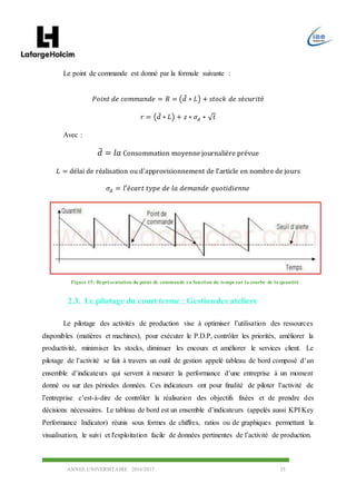 ANNEE UNIVERSITAIRE 2016/2017 35
Le point de commande est donné par la formule suivante :
𝑃𝑜𝑖𝑛𝑡 𝑑𝑒 𝑐𝑜𝑚𝑚𝑎𝑛𝑑𝑒 = 𝑅 = (𝑑̅ ∗ 𝐿) + 𝑠𝑡𝑜𝑐𝑘 𝑑𝑒 𝑠é𝑐𝑢𝑟𝑖𝑡é
𝑟 = (𝑑̅ ∗ 𝐿) + 𝑧 ∗ 𝜎𝑑 ∗ √ 𝑡
Avec :
𝑑̅ = 𝑙𝑎 Consommation moyenne journalière prévue
𝐿 = délai de réalisation ou d’approvisionnement de l’article en nombre de jours
𝜎𝑑 = 𝑙′é𝑐𝑎𝑟𝑡 𝑡𝑦𝑝𝑒 𝑑𝑒 𝑙𝑎 𝑑𝑒𝑚𝑎𝑛𝑑𝑒 𝑞𝑢𝑜𝑡𝑖𝑑𝑖𝑒𝑛𝑛𝑒
2.3. Le pilotage du court terme : Gestiondes ateliers
Le pilotage des activités de production vise à optimiser l’utilisation des ressources
disponibles (matières et machines), pour exécuter le P.D.P, contrôler les priorités, améliorer la
productivité, minimiser les stocks, diminuer les encours et améliorer le services client. Le
pilotage de l’activité se fait à travers un outil de gestion appelé tableau de bord composé d’un
ensemble d’indicateurs qui servent à mesurer la performance d’une entreprise à un moment
donné ou sur des périodes données. Ces indicateurs ont pour finalité de piloter l’activité de
l’entreprise c’est-à-dire de contrôler la réalisation des objectifs fixées et de prendre des
décisions nécessaires. Le tableau de bord est un ensemble d’indicateurs (appelés aussi KPI Key
Performance Indicator) réunis sous formes de chiffres, ratios ou de graphiques permettant la
visualisation, le suivi et l'exploitation facile de données pertinentes de l’activité de production.
Figure 15: Représentation du point de commande en fonction du temps sur la courbe de la quantité
 