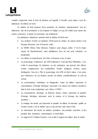 ANNEE UNIVERSITAIRE 2016/2017 55
complet comportant toute la base de données sur laquelle il travaille pour mettre à jour les
indicateurs du tableau de bord.
Le tableau de bord proposé devra permettre de visualiser instantanément tous les
indicateurs clés de la production et de comparer le budget à ce qui été réalisé pour mener des
actions correctives et ajuster les prévisions aux réalisations.
Les principaux indicateurs présents dans le tableau de bord sont :
 Les nombres d’arrêts sur incidents (NAI) pour les ateliers de cuisson (fours) et de
broyage (broyeurs crus et broyeurs cuits).
 Le MTBF (Mean Time Between Failures) pour chaque atelier. C’est le temps
moyen de fonctionnement entre défaillances, hors de tout arrêt volontaire ou
programmé.
 Les débits en tonnes/heures des fours et broyeurs (crus et cuits)
 Le pourcentage d’utilisation des AFR (Alternative Fuel and Raw Materials), c’est-
à-dire le pourcentage de matériaux ou des substances qui peuvent être utilisés
comme remplacement des combustibles fossiles (Grignons d’olives, pneus
déchiquetés, bois etc.). Plus le pourcentage des AFR est élevé mieux c’est, parce
que l’utilisation de ces derniers permet de réduire considérablement le coût de
revient.
 La consommation calorifique en Mégajoules /tonne de clinker représente la
consommation d’énergie thermique nécessaire à la cuisson des matières premières
dans le four à une température qui s’élève à 1450C°.
 La consommation électrique en Kilowatt heures/ tonnes représente la quantité
d’énergie électrique nécessaire pour la cuisson et le broyage des matières
premières ;
 Le tonnage des incuits qui représente la quantité de clinker de mauvaise qualité en
d’autres termes c’est la matière qui n’a pas été bien cuite dans le four.
 Le mouvement des stocks de matières premières, des produits semi-finis et des
produits finis (réception, consommation et stock final)
 Le rapport K/C (Clinker/Ciment) c’est-à-dire le rapport du clinker dans le ciment
 