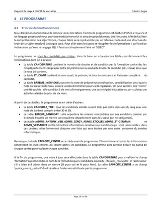 Rapport de stage à l’IUFM de Versailles Frédéric Sagez 
Page 19 sur 99 
4 LE PROGRAMME 
4.1 Principe de fonctionnement 
Nous travaillons sur une base de données avec des tables. Comme le programme est écrit en PL/SQL et que c'est 
un langage procédural nous pouvons modulariser celui-ci avec des procédures ou des fonctions. Afin de faciliter 
la compréhension des algorithmes, chaque table sera représentée par un tableau contenant une structure du 
type de la table employé à chaque case. Pour aller dans les cases et récupérer les informations il suffira d'un 
indice alors qu'avec le langage SQL il faut tout simplement faire un 'SELECT'. 
Le programme va trier les candidats par critère, dans la base on a besoin des tables qui détiennent les 
informations dont on a besoin : 
 La table CANDIDATURE contient le numéro de dossier et de candidature, la formation souhaitée, les 
cinq départements rangés par ordre de préférence ou souhaite étudier le candidat (les voeux) ainsi que 
la note de barème, 
 La table ETUDIANT contient le nom usuel, le prénom, la date de naissance et l'adresse complète du 
candidat, 
 La table BAREME_INDIVIDUEL contient la note de préprofessionnalisation, sensibilisation ainsi que la 
note du brevet obtenu ou encore la note d'entretien pour les dérogataires. On peut savoir si des "items" 
ont été cochés : si le candidat à six mois d'enseignement, une activité péri -éducative ou périscolaire, une 
activité salariée de plus de six mois. 
A partir de ces tables, le programme va en créer d'autres : 
 La table CANDIDAT_TRIE : tous les candidats validés seront triés par ordre croissant du rang avec une 
note de barème compris entre 30 et 69, 
 La table ERREUR_CANDIDAT : elle reportera les erreurs rencontrées sur des candidats comme par 
exemple l'oublie de mettre un cinquième département dans les voeux (on ne sait jamais), 
 Les tables ADMIS_ANTONY_VdB, ADMIS_CERGY, ADMIS_ETIOLLES, ADMIS_ST-GERMAIN et 
ADMIS_VERSAILLES contiendront les informations relatives aux candidats qui sont admissibles dans 
ces centres, elles formeront chacune une liste qui sera traitée par une autre personne du service 
informatique, 
Remarque : la table CAPACITE_CENTRE sera créée avant le programme. Elle renfermera toutes les informations 
concernant les cinq centres où seront admis les candidats. Le programme aura surtout besoin du quota de 
chaque centre pour y placer chaque candidat. 
A la fin du programme, une mise à jour sera effectuée dans la table CANDIDATURE pour y valider le champ 
'formation' qui contiendra le nom de la formation que le candidat a souhaité, 'dossier_recevable' et 'admission' 
s'il a bien été admis dans un centre (O pour oui et N pour Non). La table CAPACITE_CENTRE a un champ 
'quota_centre_restant' dont la valeur finale sera attribuée par le programme. 
 