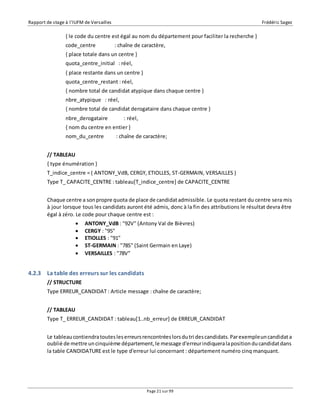 Rapport de stage à l’IUFM de Versailles Frédéric Sagez 
{ le code du centre est égal au nom du département pour faciliter la recherche } 
code_centre : chaîne de caractère, 
{ place totale dans un centre } 
quota_centre_initial : réel, 
{ place restante dans un centre } 
quota_centre_restant : réel, 
{ nombre total de candidat atypique dans chaque centre } 
nbre_atypique : réel, 
{ nombre total de candidat derogataire dans chaque centre } 
nbre_derogataire : réel, 
{ nom du centre en entier } 
nom_du_centre : chaîne de caractère; 
// TABLEAU 
{ type énumération } 
T_indice_centre = ( ANTONY_VdB, CERGY, ETIOLLES, ST-GERMAIN, VERSAILLES ) 
Type T_ CAPACITE_CENTRE : tableau[T_indice_centre] de CAPACITE_CENTRE 
Chaque centre a son propre quota de place de candidat admissible. Le quota restant du centre sera mis 
à jour lorsque tous les candidats auront été admis, donc à la fin des attributions le résultat devra être 
égal à zéro. Le code pour chaque centre est : 
 ANTONY_VdB : "92V" (Antony Val de Bièvres) 
 CERGY : "95" 
 ETIOLLES : "91" 
 ST-GERMAIN : "78S" (Saint Germain en Laye) 
 VERSAILLES : "78V" 
Page 21 sur 99 
4.2.3 La table des erreurs sur les candidats 
// STRUCTURE 
Type ERREUR_CANDIDAT : Article message : chaîne de caractère; 
// TABLEAU 
Type T_ ERREUR_CANDIDAT : tableau[1..nb_erreur] de ERREUR_CANDIDAT 
Le tableau contiendra toutes les erreurs rencontrées lors du tri des candidats. Par exemple un candidat a 
oublié de mettre un cinquième département, le message d'erreur indiquera la position du candidat dans 
la table CANDIDATURE est le type d'erreur lui concernant : département numéro cinq manquant. 
 