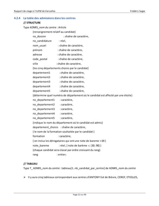 Rapport de stage à l’IUFM de Versailles Frédéric Sagez 
4.2.4 La table des admissions dans les centres 
Page 22 sur 99 
// STRUCTURE 
Type ADMIS_nom du centre : Article 
{renseignement relatif au candidat} 
no_dossier : chaîne de caractère, 
no_candidature : réel, 
nom_usuel : chaîne de caractère, 
prénom : chaîne de caractère, 
adresse : chaîne de caractère, 
code_postal : chaîne de caractère, 
ville : chaîne de caractère, 
{les cinq départements choisis par le candidat} 
departement1 : chaîne de caractère, 
departement2 : chaîne de caractère, 
departement3 : chaîne de caractère, 
departement4 : chaîne de caractère, 
departement5 : chaîne de caractère, 
{détermine quel numéro de département où le candidat est affecté par une étoile} 
no_departement1 : caractère, 
no_departement2 : caractère, 
no_departement3 : caractère, 
no_departement4 : caractère, 
no_departement5 : caractère, 
{indique le nom du département où le candidat est admis} 
departement_choisis : chaîne de caractère, 
{ le nom de la formation souhaitée par le candidat } 
formation : caractère, 
{ on inclus les dérogataires qui ont une note de bareme > 69 } 
note_bareme : réel, { note de barème  [30..90] } 
{chaque candidat sera classé par ordre croissant du rang} 
rang : entier; 
// TABLEAU 
Type T_ ADMIS_nom du centre : tableau[1..nb_candidat_par_centre] de ADMIS_nom du centre 
 Il y aura cinq tableaux correspondant aux centres d'ANTONY Val de Bièvre, CERGY, ETIOLLES, 
 