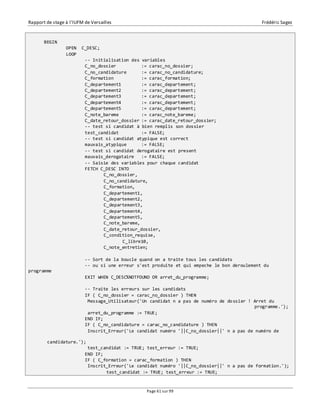 Rapport de stage à l’IUFM de Versailles Frédéric Sagez 
Page 61 sur 99 
BEGIN 
OPEN C_DESC; 
LOOP 
-- Initialisation des variables 
C_no_dossier := carac_no_dossier; 
C_no_candidature := carac_no_candidature; 
C_formation := carac_formation; 
C_departement1 := carac_departement; 
C_departement2 := carac_departement; 
C_departement3 := carac_departement; 
C_departement4 := carac_departement; 
C_departement5 := carac_departement; 
C_note_bareme := carac_note_bareme; 
C_date_retour_dossier := carac_date_retour_dossier; 
-- test si candidat à bien remplis son dossier 
test_candidat := FALSE; 
-- test si candidat atypique est correct 
mauvais_atypique := FALSE; 
-- test si candidat derogataire est present 
mauvais_derogataire := FALSE; 
-- Saisie des variables pour chaque candidat 
FETCH C_DESC INTO 
C_no_dossier, 
C_no_candidature, 
C_formation, 
C_departement1, 
C_departement2, 
C_departement3, 
C_departement4, 
C_departement5, 
C_note_bareme, 
C_date_retour_dossier, 
C_condition_requise, 
C_libre10, 
C_note_entretien; 
-- Sort de la boucle quand on a traite tous les candidats 
-- ou si une erreur s'est produite et qui empeche le bon deroulement du 
programme 
EXIT WHEN C_DESC%NOTFOUND OR arret_du_programme; 
-- Traite les erreurs sur les candidats 
IF ( C_no_dossier = carac_no_dossier ) THEN 
Message_Utilisateur('Un candidat n a pas de numéro de dossier ! Arret du 
programme.'); 
arret_du_programme := TRUE; 
END IF; 
IF ( C_no_candidature = carac_no_candidature ) THEN 
Inscrit_Erreur('Le candidat numéro '||C_no_dossier||' n a pas de numéro de 
candidature.'); 
test_candidat := TRUE; test_erreur := TRUE; 
END IF; 
IF ( C_formation = carac_formation ) THEN 
Inscrit_Erreur('Le candidat numéro '||C_no_dossier||' n a pas de formation.'); 
test_candidat := TRUE; test_erreur := TRUE; 
 