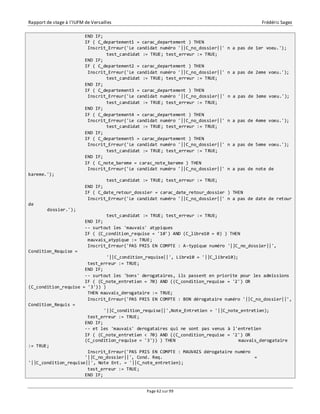 Rapport de stage à l’IUFM de Versailles Frédéric Sagez 
END IF; 
IF ( C_departement1 = carac_departement ) THEN 
Inscrit_Erreur('Le candidat numéro '||C_no_dossier||' n a pas de 1er voeu.'); 
test_candidat := TRUE; test_erreur := TRUE; 
END IF; 
IF ( C_departement2 = carac_departement ) THEN 
Inscrit_Erreur('Le candidat numéro '||C_no_dossier||' n a pas de 2eme voeu.'); 
test_candidat := TRUE; test_erreur := TRUE; 
END IF; 
IF ( C_departement3 = carac_departement ) THEN 
Inscrit_Erreur('Le candidat numéro '||C_no_dossier||' n a pas de 3eme voeu.'); 
test_candidat := TRUE; test_erreur := TRUE; 
END IF; 
IF ( C_departement4 = carac_departement ) THEN 
Inscrit_Erreur('Le candidat numéro '||C_no_dossier||' n a pas de 4eme voeu.'); 
test_candidat := TRUE; test_erreur := TRUE; 
END IF; 
IF ( C_departement5 = carac_departement ) THEN 
Inscrit_Erreur('Le candidat numéro '||C_no_dossier||' n a pas de 5eme voeu.'); 
test_candidat := TRUE; test_erreur := TRUE; 
END IF; 
IF ( C_note_bareme = carac_note_bareme ) THEN 
Inscrit_Erreur('Le candidat numéro '||C_no_dossier||' n a pas de note de 
Page 62 sur 99 
bareme.'); 
test_candidat := TRUE; test_erreur := TRUE; 
END IF; 
IF ( C_date_retour_dossier = carac_date_retour_dossier ) THEN 
Inscrit_Erreur('Le candidat numéro '||C_no_dossier||' n a pas de date de retour 
de 
dossier.'); 
test_candidat := TRUE; test_erreur := TRUE; 
END IF; 
-- surtout les 'mauvais' atypiques 
IF ( (C_condition_requise = '10') AND (C_libre10 = 0) ) THEN 
mauvais_atypique := TRUE; 
Inscrit_Erreur('PAS PRIS EN COMPTE : A-typique numéro '||C_no_dossier||', 
Condition_Requise = 
'||C_condition_requise||', Libre10 = '||C_libre10); 
test_erreur := TRUE; 
END IF; 
-- surtout les 'bons' derogataires, ils passent en priorite pour les admissions 
IF ( (C_note_entretien = 70) AND ((C_condition_requise = '2') OR 
(C_condition_requise = '3')) ) 
THEN mauvais_derogataire := TRUE; 
Inscrit_Erreur('PAS PRIS EN COMPTE : BON dérogataire numéro '||C_no_dossier||', 
Condition_Requis = 
'||C_condition_requise||',Note_Entretien = '||C_note_entretien); 
test_erreur := TRUE; 
END IF; 
-- et les 'mauvais' derogataires qui ne sont pas venus à l'entretien 
IF ( (C_note_entretien < 70) AND ((C_condition_requise = '2') OR 
(C_condition_requise = '3')) ) THEN mauvais_derogataire 
:= TRUE; 
Inscrit_Erreur('PAS PRIS EN COMPTE : MAUVAIS dérogataire numéro 
'||C_no_dossier||', Cond. Req. = 
'||C_condition_requise||', Note Ent. = '||C_note_entretien); 
test_erreur := TRUE; 
END IF; 
 