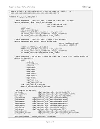 Rapport de stage à l’IUFM de Versailles Frédéric Sagez 
/* ### ou scolaire, activite salarial) et la note de brevet du candidat. ### */ 
/* ######################################################## */ 
Page 66 sur 99 
PROCEDURE Mise_a_jour_table_TRIE IS 
-- table temporaire C_ INDIVIDUEL_CHOIX : prend les valeurs des 3 critères 
CURSOR C_INDIVIDUEL_CHOIX ( mon_no_dossier CHAR, 
mon_no_candidature REAL, 
mon_critere NUMBER) IS 
SELECT choix 
FROM bareme_individuel 
WHERE bareme_individuel.no_dossier = mon_no_dossier 
AND bareme_individuel.no_candidature = mon_no_candidature 
AND bareme_individuel.code_critere = mon_critere; 
-- table temporaire C_ INDIVIDUEL_CHOIX : prend la note de brevet 
CURSOR C_INDIVIDUEL_NOTE_BREVET ( mon_no_dossier CHAR, 
mon_no_candidature REAL, 
mon_critere NUMBER) IS 
SELECT note FROM bareme_individuel 
WHERE bareme_individuel.no_dossier = mon_no_dossier 
AND bareme_individuel.no_candidature = mon_no_candidature 
AND bareme_individuel.code_critere = mon_critere; 
-- table temporaire C_TRI_PAR_NOTE : prend les valeurs de la table sig97_candidat_select_tmp 
CURSOR C_TRI_PAR_NOTE IS 
SELECT 
no_dossier, 
no_candidature, 
formation, 
departement1, 
departement2, 
departement3, 
departement4, 
departement5, 
note_bareme, 
note_prepro, 
date_naissance, 
date_retour_dossier 
FROM sig97_candidat_select_tmp 
WHERE no_dossier LIKE mon_no_dossier; 
-- Declaration des variables 
T_no_dossier sig97_candidat_select_tmp.no_dossier%TYPE; 
T_no_candidature sig97_candidat_select_tmp.no_candidature%TYPE; 
T_formation sig97_candidat_select_tmp.formation%TYPE; 
T_departement1 sig97_candidat_select_tmp.departement1%TYPE; 
T_departement2 sig97_candidat_select_tmp.departement2%TYPE; 
T_departement3 sig97_candidat_select_tmp.departement3%TYPE; 
T_departement4 sig97_candidat_select_tmp.departement4%TYPE; 
T_departement5 sig97_candidat_select_tmp.departement5%TYPE; 
T_note_bareme sig97_candidat_select_tmp.note_bareme%TYPE; 
T_note_prepro sig97_candidat_select_tmp.note_prepro%TYPE; 
T_date_naissance sig97_candidat_select_tmp.date_naissance%TYPE; 
T_date_retour_dossier sig97_candidat_select_tmp.date_retour_dossier%TYPE; 
I_mois_enseignement bareme_individuel.choix%TYPE; 
 