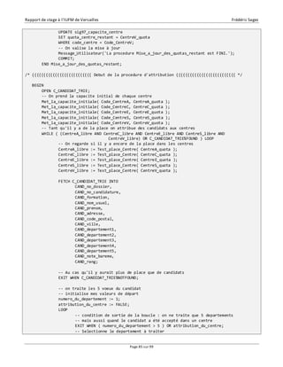 Rapport de stage à l’IUFM de Versailles Frédéric Sagez 
UPDATE sig97_capacite_centre 
SET quota_centre_restant = CentreV_quota 
WHERE code_centre = Code_CentreV; 
-- On valise la mise à jour 
Message_Utilisateur('La procedure Mise_a_jour_des_quotas_restant est FINI.'); 
COMMIT; 
Page 85 sur 99 
END Mise_a_jour_des_quotas_restant; 
/* {{{{{{{{{{{{{{{{{{{{{{{{{{ Debut de la procedure d'attribution {{{{{{{{{{{{{{{{{{{{{{{{{{ */ 
BEGIN 
OPEN C_CANDIDAT_TRIE; 
-- On prend la capacite initial de chaque centre 
Met_la_capacite_initiale( Code_CentreA, CentreA_quota ); 
Met_la_capacite_initiale( Code_CentreC, CentreC_quota ); 
Met_la_capacite_initiale( Code_CentreE, CentreE_quota ); 
Met_la_capacite_initiale( Code_CentreS, CentreS_quota ); 
Met_la_capacite_initiale( Code_CentreV, CentreV_quota ); 
-- Tant qu'il y a de la place on attribue des candidats aux centres 
WHILE ( (CentreA_libre AND CentreC_libre AND CentreE_libre AND CentreS_libre AND 
CentreV_libre) OR C_CANDIDAT_TRIE%FOUND ) LOOP 
-- On regarde si il y a encore de la place dans les centres 
CentreA_libre := Test_place_Centre( CentreA_quota ); 
CentreC_libre := Test_place_Centre( CentreC_quota ); 
CentreE_libre := Test_place_Centre( CentreE_quota ); 
CentreS_libre := Test_place_Centre( CentreS_quota ); 
CentreV_libre := Test_place_Centre( CentreV_quota ); 
FETCH C_CANDIDAT_TRIE INTO 
CAND_no_dossier, 
CAND_no_candidature, 
CAND_formation, 
CAND_nom_usuel, 
CAND_prenom, 
CAND_adresse, 
CAND_code_postal, 
CAND_ville, 
CAND_departement1, 
CAND_departement2, 
CAND_departement3, 
CAND_departement4, 
CAND_departement5, 
CAND_note_bareme, 
CAND_rang; 
-- Au cas qu'il y aurait plus de place que de candidats 
EXIT WHEN C_CANDIDAT_TRIE%NOTFOUND; 
-- on traite les 5 voeux du candidat 
-- initialise mes valeurs de départ 
numero_du_departement := 1; 
attribution_du_centre := FALSE; 
LOOP 
-- condition de sortie de la boucle : on ne traite que 5 departements 
-- mais aussi quand le candidat a été accepté dans un centre 
EXIT WHEN ( numero_du_departement > 5 ) OR attribution_du_centre; 
-- Selectionne le departement à traiter 
 