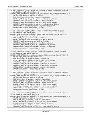 Rapport de stage à l’IUFM de Versailles Frédéric Sagez 
-- table temporaire C_ADMIS_ANTONY_VDB : compte le nombre de candidat atypique 
-- dans la table sig97_admis_antony_vdb 
CURSOR C_ADMIS_ANTONY_VDB( ma_condition_requise CHAR, mon_champ_libre10 REAL ) IS 
SELECT sig97_admis_antony_vdb.no_dossier 
FROM sig97_admis_antony_vdb, etudiant, candidature 
WHERE sig97_admis_antony_vdb.no_dossier LIKE mon_no_dossier 
AND sig97_admis_antony_vdb.formation LIKE ma_formation 
AND sig97_admis_antony_vdb.no_dossier = etudiant.no_dossier 
AND sig97_admis_antony_vdb.no_dossier = candidature.no_dossier 
AND candidature.condition_requise = ma_condition_requise 
AND etudiant.libre10 = mon_champ_libre10; 
-- table temporaire C_ADMIS_CERGY : compte le nombre de candidat atypique 
-- dans la table sig97_admis_cergy 
CURSOR C_ADMIS_CERGY( ma_condition_requise CHAR, mon_champ_libre10 REAL ) IS 
SELECT sig97_admis_cergy.no_dossier 
FROM sig97_admis_cergy, etudiant, candidature 
WHERE sig97_admis_cergy.no_dossier LIKE mon_no_dossier 
AND sig97_admis_cergy.formation LIKE ma_formation 
AND sig97_admis_cergy.no_dossier = etudiant.no_dossier 
AND sig97_admis_cergy.no_dossier = candidature.no_dossier 
AND candidature.condition_requise = ma_condition_requise 
AND etudiant.libre10 = mon_champ_libre10; 
-- table temporaire C_ADMIS_ETIOLLES : compte le nombre de candidat atypique 
-- dans la table sig97_admis_etiolles 
CURSOR C_ADMIS_ETIOLLES( ma_condition_requise CHAR, mon_champ_libre10 REAL ) IS 
SELECT sig97_admis_etiolles.no_dossier 
FROM sig97_admis_etiolles, etudiant, candidature 
WHERE sig97_admis_etiolles.no_dossier LIKE mon_no_dossier 
AND sig97_admis_etiolles.formation LIKE ma_formation 
AND sig97_admis_etiolles.no_dossier = etudiant.no_dossier 
AND sig97_admis_etiolles.no_dossier = candidature.no_dossier 
AND candidature.condition_requise = ma_condition_requise 
AND etudiant.libre10 = mon_champ_libre10; 
-- table temporaire C_ADMIS_ST_GERMAIN : compte le nombre de candidat atypique 
-- dans la table sig97_admis_st_germain 
CURSOR C_ADMIS_ST_GERMAIN( ma_condition_requise CHAR, mon_champ_libre10 REAL ) IS 
SELECT sig97_admis_st_germain.no_dossier 
FROM sig97_admis_st_germain, etudiant, candidature 
WHERE sig97_admis_st_germain.no_dossier LIKE mon_no_dossier 
AND sig97_admis_st_germain.formation LIKE ma_formation 
AND sig97_admis_st_germain.no_dossier = etudiant.no_dossier 
AND sig97_admis_st_germain.no_dossier = candidature.no_dossier 
AND candidature.condition_requise = ma_condition_requise 
AND etudiant.libre10 = mon_champ_libre10; 
-- table temporaire C_ADMIS_VERSAILLES : compte le nombre de candidat atypique 
-- dans la table sig97_admis_versailles 
CURSOR C_ADMIS_VERSAILLES( ma_condition_requise CHAR, mon_champ_libre10 REAL ) IS 
SELECT sig97_admis_versailles.no_dossier 
FROM sig97_admis_versailles, etudiant, candidature 
WHERE sig97_admis_versailles.no_dossier LIKE mon_no_dossier 
AND sig97_admis_versailles.formation LIKE ma_formation 
AND sig97_admis_versailles.no_dossier = etudiant.no_dossier 
AND sig97_admis_versailles.no_dossier = candidature.no_dossier 
Page 89 sur 99 
 