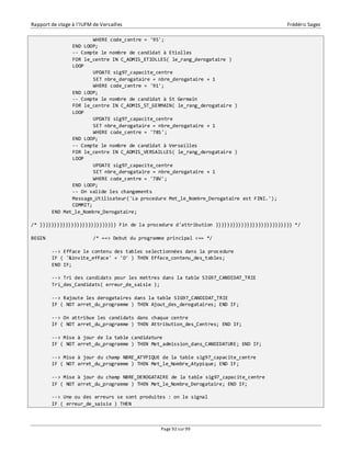 Rapport de stage à l’IUFM de Versailles Frédéric Sagez 
WHERE code_centre = '95'; 
END LOOP; 
-- Compte le nombre de candidat à Etiolles 
FOR le_centre IN C_ADMIS_ETIOLLES( le_rang_derogataire ) 
LOOP 
UPDATE sig97_capacite_centre 
SET nbre_derogataire = nbre_derogataire + 1 
WHERE code_centre = '91'; 
END LOOP; 
-- Compte le nombre de candidat à St Germain 
FOR le_centre IN C_ADMIS_ST_GERMAIN( le_rang_derogataire ) 
LOOP 
UPDATE sig97_capacite_centre 
SET nbre_derogataire = nbre_derogataire + 1 
WHERE code_centre = '78S'; 
END LOOP; 
-- Compte le nombre de candidat à Versailles 
FOR le_centre IN C_ADMIS_VERSAILLES( le_rang_derogataire ) 
LOOP 
UPDATE sig97_capacite_centre 
SET nbre_derogataire = nbre_derogataire + 1 
WHERE code_centre = '78V'; 
END LOOP; 
-- On valide les changements 
Message_Utilisateur('La procedure Met_le_Nombre_Derogataire est FINI.'); 
COMMIT; 
Page 92 sur 99 
END Met_le_Nombre_Derogataire; 
/* }}}}}}}}}}}}}}}}}}}}}}}}}}} Fin de la procedure d'attribution }}}}}}}}}}}}}}}}}}}}}}}}}}} */ 
BEGIN /* ==> Debut du programme principal <== */ 
--> Efface le contenu des tables selectionnées dans la procedure 
IF ( '&invite_efface' = 'O' ) THEN Efface_contenu_des_tables; 
END IF; 
--> Tri des candidats pour les mettres dans la table SIG97_CANDIDAT_TRIE 
Tri_des_Candidats( erreur_de_saisie ); 
--> Rajoute les derogataires dans la table SIG97_CANDIDAT_TRIE 
IF ( NOT arret_du_programme ) THEN Ajout_des_derogataires; END IF; 
--> On attribue les candidats dans chaque centre 
IF ( NOT arret_du_programme ) THEN Attribution_des_Centres; END IF; 
--> Mise à jour de la table candidature 
IF ( NOT arret_du_programme ) THEN Met_admission_dans_CANDIDATURE; END IF; 
--> Mise à jour du champ NBRE_ATYPIQUE de la table sig97_capacite_centre 
IF ( NOT arret_du_programme ) THEN Met_le_Nombre_Atypique; END IF; 
--> Mise à jour du champ NBRE_DEROGATAIRE de la table sig97_capacite_centre 
IF ( NOT arret_du_programme ) THEN Met_le_Nombre_Derogataire; END IF; 
--> Une ou des erreurs se sont produites : on le signal 
IF ( erreur_de_saisie ) THEN 
 