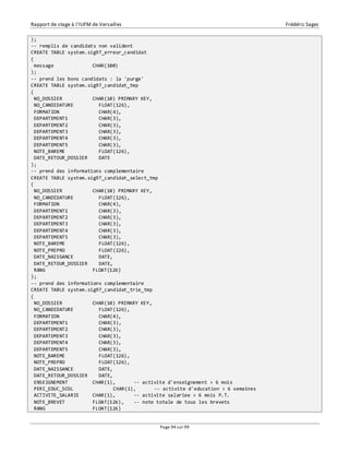 Rapport de stage à l’IUFM de Versailles Frédéric Sagez 
); 
-- remplis de candidats non valident 
CREATE TABLE system.sig97_erreur_candidat 
( 
message CHAR(100) 
); 
-- prend les bons candidats : la 'purge' 
CREATE TABLE system.sig97_candidat_tmp 
( 
NO_DOSSIER CHAR(10) PRIMARY KEY, 
NO_CANDIDATURE FLOAT(126), 
FORMATION CHAR(4), 
DEPARTEMENT1 CHAR(3), 
DEPARTEMENT2 CHAR(3), 
DEPARTEMENT3 CHAR(3), 
DEPARTEMENT4 CHAR(3), 
DEPARTEMENT5 CHAR(3), 
NOTE_BAREME FLOAT(126), 
DATE_RETOUR_DOSSIER DATE 
); 
-- prend des informations complementaire 
CREATE TABLE system.sig97_candidat_select_tmp 
( 
NO_DOSSIER CHAR(10) PRIMARY KEY, 
NO_CANDIDATURE FLOAT(126), 
FORMATION CHAR(4), 
DEPARTEMENT1 CHAR(3), 
DEPARTEMENT2 CHAR(3), 
DEPARTEMENT3 CHAR(3), 
DEPARTEMENT4 CHAR(3), 
DEPARTEMENT5 CHAR(3), 
NOTE_BAREME FLOAT(126), 
NOTE_PREPRO FLOAT(126), 
DATE_NAISSANCE DATE, 
DATE_RETOUR_DOSSIER DATE, 
RANG FLOAT(126) 
); 
-- prend des informations complementaire 
CREATE TABLE system.sig97_candidat_trie_tmp 
( 
NO_DOSSIER CHAR(10) PRIMARY KEY, 
NO_CANDIDATURE FLOAT(126), 
FORMATION CHAR(4), 
DEPARTEMENT1 CHAR(3), 
DEPARTEMENT2 CHAR(3), 
DEPARTEMENT3 CHAR(3), 
DEPARTEMENT4 CHAR(3), 
DEPARTEMENT5 CHAR(3), 
NOTE_BAREME FLOAT(126), 
NOTE_PREPRO FLOAT(126), 
DATE_NAISSANCE DATE, 
DATE_RETOUR_DOSSIER DATE, 
ENSEIGNEMENT CHAR(1), -- activite d'enseignement > 6 mois 
PERI_EDUC_SCOL CHAR(1), -- activite d'education > 6 semaines 
ACTIVITE_SALARIE CHAR(1), -- activite salariee > 6 mois P.T. 
NOTE_BREVET FLOAT(126), -- note totale de tous les brevets 
RANG FLOAT(126) 
Page 94 sur 99 
 