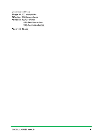 BOUSSALMAME AYOUB 9
Quelques chiffres :
Tirage: 11.500 exemplaires
Diffusion: 8.000 exemplaires
Audience: 100% Femmes
88% Femmes actives
99% Femmes urbaines
Age : 18 à 45 ans
 