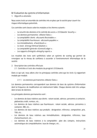 21
B/ Evaluation du système d’information
1. Objectifs à atteindre
Nous avons testé un ensemble de contrôles mis en place par la société pour couvrir les
risques informatiques potentiels.
Ces contrôles sont classés selon les modules et les thèmes suivants :
- La sécurité des données et le contrôle des accès « J.D.Edwards Security » ;
- Les données permanentes «Master Data » ;
- La comptabilité clients «Accounts Receivables » ;
- La comptabilité fournisseurs «Accounts payables » ;
- Les immobilisations «Fixed Assets » ;
- Le stock «Energy Chimical Solution » ;
- La comptabilité générale «General Ledger » ;
- Les rapports d'intégrité «Integrity reports ».
Les résultats des tests sont synthétisés selon un système de scoring qui permet de
renseigner sur le niveau de confiance à accorder à l'environnement informatique de la
société.
2. Description des contrôles effectués
2.1. Contrôles et tests des modules du progiciel J.D.Edwards
Dans ce qui suit, nous allons citer les principaux contrôles ainsi que les tests s'y rapportant
module par module.
2.1.1. Les données permanentes «Master Data »
Les données permanentes correspondent aux données de base du système d'information
dont la fréquence de modification est relativement faible. Chaque donnée doit être unique
dans la base de données.
Les principales données permanentes sont :
- Les données de base relatives aux clients : raison sociale, adresse, personnes à contacter,
plafond de crédit, remises, etc...
- Les données de base relatives aux fournisseurs : raison sociale, adresse, personnes à
contacter, RIB, etc...
- Les données de base relatives aux produits : désignation, référence, composition, prix,
TVA, etc...
- Les données de base relatives aux immobilisations : désignation, référence, taux
d'amortissement, etc...
- Les données de base relatives à la comptabilité : plan des comptes, instructions
automatiques de comptabilisation, taux de changes, etc...
 