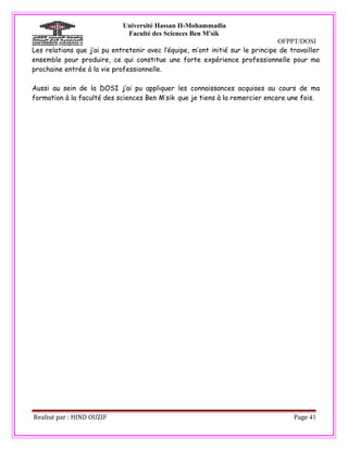 Université Hassan II-Mohammadia
                              Faculté des Sciences Ben M'sik
                                                                                OFPPT/DOSI
Les relations que j’ai pu entretenir avec l’équipe, m’ont initié sur le principe de travailler
ensemble pour produire, ce qui constitue une forte expérience professionnelle pour ma
prochaine entrée à la vie professionnelle.

Aussi au sein de la DOSI j’ai pu appliquer les connaissances acquises au cours de ma
formation à la faculté des sciences Ben M’sik que je tiens à la remercier encore une fois.




Realisé par : HIND OUZIF                                                             Page 41
 