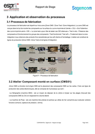 Rapport de Stage
3 Application et observation du processus
3.1 Processus de fabrication
-Le processus de fabrication est répartit sur trois zone (Zone CMS / Zone Test / Zone Intégration). La zone CMS est
conçue dans le but de monter les composants sur la surface du cuivre imprimée et Usinée « CIU » d'où l'obtention
des cuivre imprimé usiné « CIE ». La zone test a pour rôle de tester ces CIE obtenues « Test in-situ : Présence des
composants et fonctionnement du groupe des composants / Test fonctionnel / Test wifi ». Finalement dans la zone
intégration nous obtenons des produits finis caractérisés par les soft clients et l'emballage. L'atelier est constitué de
lignes de production (Zone CMS / Zone Test) et de lignes d'intégration.
Page 16/43
3.2 Atelier Composant monté en surface (CMS01)
-Zone CMS La fonction de la ligne CMS est le placement des composants CMS sur les cartes. C'est une ligne de
production des cartes électroniques, elle se compose de 5 processus qui sont :
-La Sérigraphie (machine DEK) : est un moyen de déposer de la crème à braser sur les plages d'accueil des
composants CMS du CIU en respectant le volume désiré
- La machine de Pose : est une machine très précise et pointue qui utilise de l'air comprimé pour exécuter certaine
fonction (venturis, capteurs de pression, vérins).
Figure11 : Processus de fabrication
CONFIDENTIEL Sagemcom – Rapport de stage
 