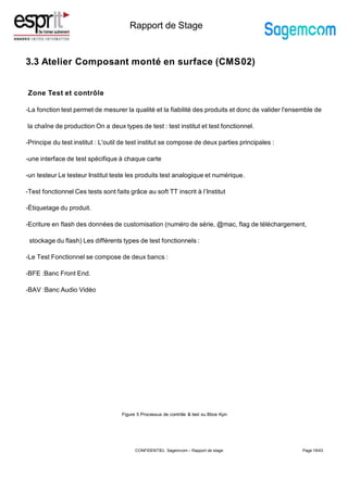 Rapport de Stage
Figure 5 Processus de contrôle & test su Bbox Kpn
Page 19/43
3.3 Atelier Composant monté en surface (CMS02)
Zone Test et contrôle
-La fonction test permet de mesurer la qualité et la fiabilité des produits et donc de valider l'ensemble de
la chaîne de production On a deux types de test : test institut et test fonctionnel.
-Principe du test institut : L'outil de test institut se compose de deux parties principales :
-une interface de test spécifique à chaque carte
-un testeur Le testeur Institut teste les produits test analogique et numérique.
-Test fonctionnel Ces tests sont faits grâce au soft TT inscrit à l’Institut
-Étiquetage du produit.
-Ecriture en flash des données de customisation (numéro de série, @mac, flag de téléchargement,
stockage du flash) Les différents types de test fonctionnels :
-Le Test Fonctionnel se compose de deux bancs :
-BFE :Banc Front End.
-BAV :Banc Audio Vidéo
CONFIDENTIEL Sagemcom – Rapport de stage
 