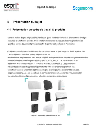 Rapport de Stage
4 Présentation du sujet
4.1 Présentation du cadre de travail & produits
-Dans un monde de plus en plus concurrentiel, un grand nombre d'entreprises orientent leur stratégie
autour de la satisfaction clientèle. Pour cela l'amélioration de la productivité et l'augmentation de
qualité de service deviennent primordiales afin de garder les bénéfices de l'entreprise.
-j’intègre mon mini projet d’amélioration des performances de la ligne de production à la pointe des
technologies du haut débit (BBS), Sagemcom est un
leader mondial de passerelles haut débit et propose aux opérateurs de services une gamme complète
couvrant toutes les technologies d’accès (Fibre, DOCSIS, DSL/FTTH, FWA 4G/5G) et de
distribution Wi-Fi intelligente (Wi-Fi 5, Wi-Fi6, Wi-Fi 6E, EasyMesh...). Ces passerelles
intègrent des services et applications permettant d’offrir une expérience prémium aux
utilisateurs finaux et un contrôle opérationnel le plus avancé pour les exploitant de services.
-Sagemcom accompagne les opérateurs de service dans le développement et l’industrialisation
de produits entièrement personnalisés adaptés à leurs enjeux stratégiques.
Page 22/43
Figure16 : Les formes et types de produits de BBS
CONFIDENTIEL Sagemcom – Rapport de stage
 