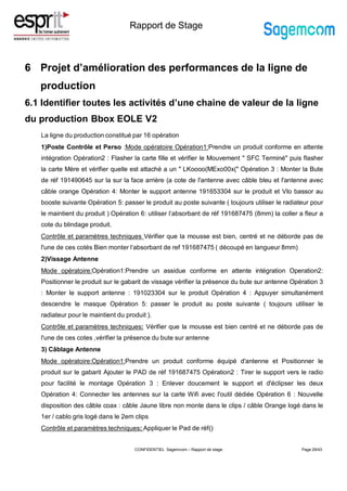 Rapport de Stage
6 Projet d’amélioration des performances de la ligne de
production
6.1 Identifier toutes les activités d’une chaine de valeur de la ligne
du production Bbox EOLE V2
La ligne du production constitué par 16 opération
1)Poste Contrôle et Perso :Mode opératoire Opération1:Prendre un produit conforme en attente
intégration Opération2 : Flasher la carte fille et vérifier le Mouvement " SFC Terminé" puis flasher
la carte Mère et vérifier quelle est attaché a un " LKoooo(MExo00x(" Opération 3 : Monter la Bute
de réf 191490645 sur la sur la face arrière (a cote de l'antenne avec câble bleu et l'antenne avec
câble orange Opération 4: Monter le support antenne 191653304 sur le produit et VIo bassor au
booste suivante Opération 5: passer le produit au poste suivante ( toujours utiliser le radiateur pour
le maintient du produit ) Opération 6: utiliser l‘absorbant de réf 191687475 (8mm) la coller a fleur a
cote du blindage produit.
Contrôle et paramètres techniques Vérifier que la mousse est bien, centré et ne déborde pas de
l'une de ces cotés Bien monter l‘absorbant de ref 191687475 ( découpé en langueur 8mm)
2)Vissage Antenne
Mode opératoire:Opération1:Prendre un assidue conforme en attente intégration Operation2:
Positionner le produit sur le gabarit de vissage vérifier la présence du bute sur antenne Opération 3
: Monter le support antenne : 191023304 sur le produit Opération 4 : Appuyer simultanément
descendre le masque Opération 5: passer le produit au poste suivante ( toujours utiliser le
radiateur pour le maintient du produit ).
Contrôle et paramètres techniques: Vérifier que la mousse est bien centré et ne déborde pas de
l'une de ces cotes ,vérifier la présence du bute sur antenne
3) Câblage Antenne
Mode opératoire:Opération1:Prendre un produit conforme équipé d'antenne et Positionner le
produit sur le gabarit Ajouter le PAD de réf 191687475 Opération2 : Tirer le support vers le radio
pour facilité le montage Opération 3 : Enlever doucement le support et d'éclipser les deux
Opération 4: Connecter les antennes sur la carte Wifi avec l'outil dédiée Opération 6 : Nouvelle
disposition des câble coax : câble Jaune libre non monte dans le clips / câble Orange logé dans le
1er / cablo gris logé dans le 2em clips
Contrôle et paramètres techniques: Appliquer le Pad de réf()
Page 29/43
CONFIDENTIEL Sagemcom – Rapport de stage
 