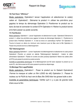 Rapport de Stage
10) Test Vison "Afficheur"
Mode opératoire: Opération1 lancer l’application et sélectionner le code()
cation et Opération2 : Démarrer le produit => utiliser les pré-Alims pour
gagniez le temps du démarrage Opération 3: Positionner le produit sur le
banc de test et connecter le cordon ETH Opération 4: Retirer le produit bonne
et le faire passer au poste suivante.
11) Test Bouton
Mode opératoire: Opération1 : Lancer l'application et sélectionner le code : Opération2 Démarrer le
produit => utiliser les pré-Alims pour gagner le temps de démarrage Opération 3 : Positionner le
produit dans l'interface Opération 4 : le test se lance en automatique HyFlex* Oir Opération 5:
Tourne le bouton en allons du minimum vers maximum puis du Max vers le Min Opération 6:
Passer les produits bonne au téléchargement
12) Téléchargement
Mode opératoire:Opération1 : Lancer l’application de téléchargement et sélectionner le code produit
Opération2 :Prendre un produit en attente Téléchargement Opération3 : Insérer le câble
alimentation Opération4 : Flasher le numéro de série produit() Opération5: Retirer les cables (Alim
et ETH) puis passer le produit au poste suivante
Contrôle et paramètres techniques: Si le téléchargement est KO alors repasser le produit sur un
autre PC, sile 3éme essai es KO alors passer le produit au dépannage.
13) Montage Film Logo(Pelable)
Mode opératoire: Opération1 : Poser le produit sur le Gabarit Opóration2
:Fermer le masque et coller un film LOGO de réf() Opération 3 : Passer le
rouleau sur le FILM du haut vers le Bas (No OAS Ador los grosse bulle a aire
Contrôle et paramètres techniques: Vérifier qu'il n y a pas de grande bulle
d'aire sous le film
Page 31/43
CONFIDENTIEL Sagemcom – Rapport de stage
 
