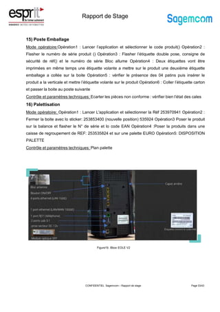 Rapport de Stage
15) Poste Emballage
Mode opératoire:Opération1 : Lancer l’application et sélectionner le code produit() Opération2 :
Flasher le numéro de série produit () Opération3 : Flasher l’étiquette double pose, consigne de
sécurité de réf() et le numéro de série Bloc allume Opération4 : Deux étiquettes vont être
imprimées en même temps une étiquette volante a mettre sur le produit une deuxième étiquette
emballage a collée sur la boite Opération5 : vérifier le présence des 04 patins puis insérer le
produit a la verticale et mettre l’étiquette volante sur le produit Opération6 : Coller l’étiquette carton
et passer la boite au poste suivante
Contrôle et paramètres techniques: Ecarter les pièces non conforme : vérifier bien l’état des cales
16) Palettisation
Mode opératoire: Opération1 : Lancer L'application et sélectionner la Réf 253970941 Opération2 :
Fermer la boite avec lo sticker: 253853400 (nouvelle position) 535924 Opération3 Poser le produit
sur la balance et flasher le N° de série et lo code EAN Opération4 :Poser la produits dans une
caisse de regroupement de REF: 253535824 et sur une palette EURO Opération5: DISPOSITION
PALETTE
Contrôle et paramètres techniques: Plan palette
Page 33/43
Figure19. Bbox EOLE V2
CONFIDENTIEL Sagemcom – Rapport de stage
 
