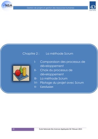30 École Nationale Des Sciences Appliquées De Tétouan 2015
Gestion de projets et gestion des ressources humaines
Chapitre 2 : La méthode Scrum
I- Comparaison des processus de
développement
II- Choix du processus de
développement
III- La méthode Scrum
IV- Pilotage du projet avec Scrum
V- Conclusion
 
