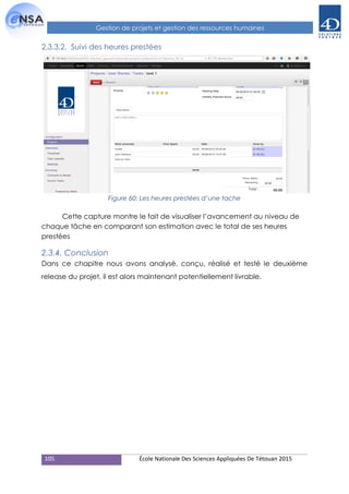 105 École Nationale Des Sciences Appliquées De Tétouan 2015
Gestion de projets et gestion des ressources humaines
2.3.3.2. Suivi des heures prestées
Figure 60: Les heures prestées d’une tache
Cette capture montre le fait de visualiser l’avancement au niveau de
chaque tâche en comparant son estimation avec le total de ses heures
prestées
2.3.4. Conclusion
Dans ce chapitre nous avons analysé, conçu, réalisé et testé le deuxième
release du projet, il est alors maintenant potentiellement livrable.
 