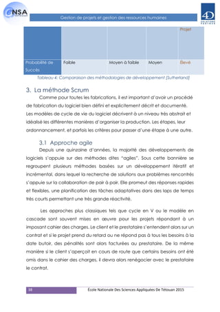 38 École Nationale Des Sciences Appliquées De Tétouan 2015
Gestion de projets et gestion des ressources humaines
Projet
Probabilité de
Succès
Faible Moyen à faible Moyen Élevé
Tableau 4: Comparaison des méthodologies de développement [Sutherland]
3. La méthode Scrum
Comme pour toutes les fabrications, il est important d’avoir un procédé
de fabrication du logiciel bien défini et explicitement décrit et documenté.
Les modèles de cycle de vie du logiciel décrivent à un niveau très abstrait et
idéalisé les différentes manières d’organiser la production. Les étapes, leur
ordonnancement, et parfois les critères pour passer d’une étape à une autre.
3.1 Approche agile
Depuis une quinzaine d’années, la majorité des développements de
logiciels s’appuie sur des méthodes dites “agiles”. Sous cette bannière se
regroupent plusieurs méthodes basées sur un développement itératif et
incrémental, dans lequel la recherche de solutions aux problèmes rencontrés
s’appuie sur la collaboration de pair à pair. Elle promeut des réponses rapides
et flexibles, une planification des tâches adaptatives dans des laps de temps
très courts permettant une très grande réactivité.
Les approches plus classiques tels que cycle en V ou le modèle en
cascade sont souvent mises en œuvre pour les projets répondant à un
imposant cahier des charges. Le client et le prestataire s’entendent alors sur un
contrat et si le projet prend du retard ou ne répond pas à tous les besoins à la
date butoir, des pénalités sont alors facturées au prestataire. De la même
manière si le client s’aperçoit en cours de route que certains besoins ont été
omis dans le cahier des charges, il devra alors renégocier avec le prestataire
le contrat.
 