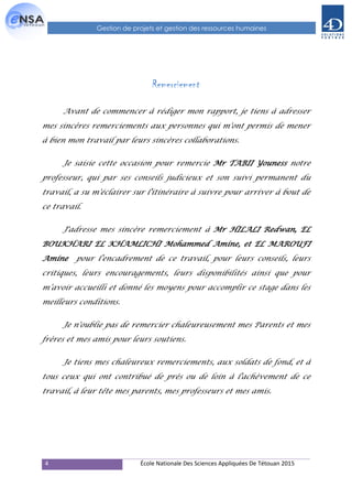 4 École Nationale Des Sciences Appliquées De Tétouan 2015
Gestion de projets et gestion des ressources humaines
Remerciement
Avant de commencer à rédiger mon rapport, je tiens à adresser
mes sincères remerciements aux personnes qui m'ont permis de mener
à bien mon travail par leurs sincères collaborations.
Je saisie cette occasion pour remercie Mr TABII Youness notre
professeur, qui par ses conseils judicieux et son suivi permanent du
travail, a su m'éclairer sur l'itinéraire à suivre pour arriver à bout de
ce travail.
J'adresse mes sincère remerciement à Mr HILALI Redwan, EL
BOUKHARI EL KHAMLICHI Mohammed Amine, et EL MAROUFI
Amine pour l’encadrement de ce travail, pour leurs conseils, leurs
critiques, leurs encouragements, leurs disponibilités ainsi que pour
m’avoir accueilli et donné les moyens pour accomplir ce stage dans les
meilleurs conditions.
Je n'oublie pas de remercier chaleureusement mes Parents et mes
frères et mes amis pour leurs soutiens.
Je tiens mes chaleureux remerciements, aux soldats de fond, et à
tous ceux qui ont contribué de près ou de loin à l'achèvement de ce
travail, à leur tête mes parents, mes professeurs et mes amis.
 