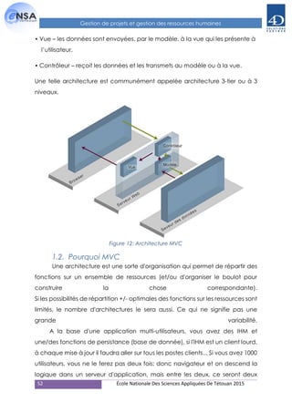 52 École Nationale Des Sciences Appliquées De Tétouan 2015
Gestion de projets et gestion des ressources humaines
• Vue – les données sont envoyées, par le modèle, à la vue qui les présente à
l’utilisateur.
• Contrôleur – reçoit les données et les transmets au modèle ou à la vue.
Une telle architecture est communément appelée architecture 3-tier ou à 3
niveaux.
1.2. Pourquoi MVC
Une architecture est une sorte d'organisation qui permet de répartir des
fonctions sur un ensemble de ressources (et/ou d'organiser le boulot pour
construire la chose correspondante).
Si les possibilités de répartition +/- optimales des fonctions sur les ressources sont
limités, le nombre d'architectures le sera aussi. Ce qui ne signifie pas une
grande variabilité.
A la base d'une application multi-utilisateurs, vous avez des IHM et
une/des fonctions de persistance (base de donnée), si l'IHM est un client lourd,
à chaque mise à jour il faudra aller sur tous les postes clients... Si vous avez 1000
utilisateurs, vous ne le ferez pas deux fois: donc navigateur et on descend la
logique dans un serveur d'application, mais entre les deux, ce seront deux
Figure 12: Architecture MVC
 