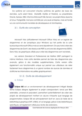 60 École Nationale Des Sciences Appliquées De Tétouan 2015
Gestion de projets et gestion des ressources humaines
Ce système est concurrent d'autres systèmes de gestion de base de
données, qu'ils soient libres MariaDB, MySQL et Firebird), ou propriétaires
Oracle, Sybase, DB2, Informix etMicrosoft SQL Server). Les projets libres Apache
et Linux, PostgreSQL n'est pas contrôlé par une seule entreprise, mais est fondé
sur une communauté mondiale de développeurs et d'entreprises.
3.1. Outils de conception
Microsoft Visio (officiellement Microsoft Office Visio) est un logiciel de
diagrammes et de synoptique pour Windows qui fait partie de la suite
bureautique Microsoft Office mais se vend séparément. On peut ainsi créer des
diagrammes de Gantt, des réseaux de PERT ou encore des diagrammes IDEFO.
Dans Visio, les graphiques utilisés pour créer des diagrammes sont vectoriels.
Les versions Standard et Professionnel de l'édition 2007 partagent la
même interface, mais cette dernière permet de faire des diagrammes plus
avancés, grâce à des modèles supplémentaires. Cette version offre
également une fonctionnalité unique qui permet aux utilisateurs de relier
facilement leurs diagrammes à un grand nombre de sources de données et
d'afficher les informations recueillies graphiquement.
3.1.2. Outils de développement
a. Eclipse
Eclipse IDE est un environnement de développement intégré libre(le
terme Eclipse désigne également le projet correspondant, lancé par IBM)
extensible, universel et polyvalent, permettant potentiellement de créer des
projets de développement mettant en œuvre n'importe quel langage de
programmation. Eclipse IDE est principalement écrit en Java (à l'aide de la
bibliothèque graphique SWT, d'IBM), et ce langage, grâce à des bibliothèques
spécifiques, est également utilisé pour écrire des extensions.
 