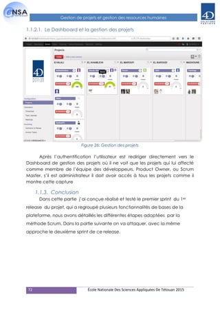72 École Nationale Des Sciences Appliquées De Tétouan 2015
Gestion de projets et gestion des ressources humaines
1.1.2.1. Le Dashboard et la gestion des projets
Figure 26: Gestion des projets
Après l’authentification l’utilisateur est rediriger directement vers le
Dashboard de gestion des projets où il ne voit que les projets qui lui affecté
comme membre de l’équipe des développeurs, Product Owner, ou Scrum
Master, s’il est administrateur il doit avoir accés à tous les projets comme il
montre cette capture
1.1.3. Conclusion
Dans cette partie j’ai conçue réalisé et testé le premier sprint du 1er
release du projet, qui a regroupé plusieurs fonctionnalités de bases de la
plateforme, nous avons détaillés les différentes étapes adoptées par la
méthode Scrum. Dans la partie suivante on va attaquer, avec la même
approche le deuxième sprint de ce release.
 