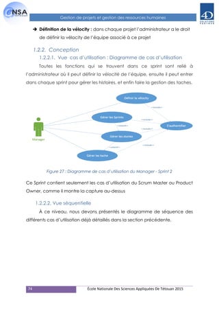 74 École Nationale Des Sciences Appliquées De Tétouan 2015
Gestion de projets et gestion des ressources humaines
 Définition de la vélocity : dans chaque projet l’administrateur a le droit
de définir la vélocity de l’équipe associé à ce projet
1.2.2. Conception
1.2.2.1. Vue cas d’utilisation : Diagramme de cas d’utilisation
Toutes les fonctions qui se trouvent dans ce sprint sont relié à
l’administrateur où il peut définir la vélocité de l’équipe, ensuite il peut entrer
dans chaque sprint pour gérer les histoires, et enfin faire la gestion des taches.
Figure 27 : Diagramme de cas d’utilisation du Manager - Sprint 2
Ce Sprint contient seulement les cas d’utilisation du Scrum Master ou Product
Owner, comme il montre la capture au-dessus
1.2.2.2. Vue séquentielle
À ce niveau, nous devons présentés le diagramme de séquence des
différents cas d’utilisation déjà détaillés dans la section précédente.
 