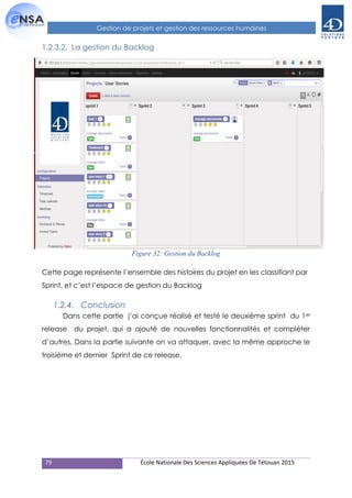 79 École Nationale Des Sciences Appliquées De Tétouan 2015
Gestion de projets et gestion des ressources humaines
1.2.3.2. La gestion du Backlog
Figure 32: Gestion du Backlog
Cette page représente l’ensemble des histoires du projet en les classifiant par
Sprint, et c’est l’espace de gestion du Backlog
1.2.4. Conclusion
Dans cette partie j’ai conçue réalisé et testé le deuxième sprint du 1er
release du projet, qui a ajouté de nouvelles fonctionnalités et compléter
d’autres. Dans la partie suivante on va attaquer, avec la même approche le
troisième et dernier Sprint de ce release.
 