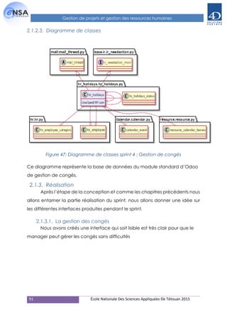 91 École Nationale Des Sciences Appliquées De Tétouan 2015
Gestion de projets et gestion des ressources humaines
2.1.2.3. Diagramme de classes
Figure 47: Diagramme de classes sprint 4 : Gestion de congés
Ce diagramme représente la base de données du module standard d’Odoo
de gestion de congés.
2.1.3. Réalisation
Après l’étape de la conception et comme les chapitres précédents nous
allons entamer la partie réalisation du sprint, nous allons donner une idée sur
les différentes interfaces produites pendant le sprint.
2.1.3.1. La gestion des congés
Nous avons créés une interface qui soit lisible est très clair pour que le
manager peut gérer les congés sans difficultés
 