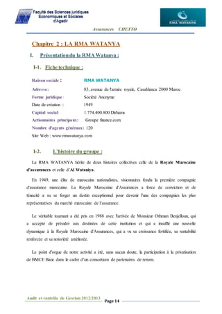 Assurances CHETTO
Audit et contrôle de Gestion 2012/2013
Page 14
Chapitre 2 : LA RMA WATANYA
I. Présentationdu la RMA Watanya :
I-1. Fiche technique :
Raison sociale : RMA WATANYA
Adresse: 83, avenue de l'armée royale, Casablanca 2000 Maroc
Forme juridique: Société Anonyme
Date de création : 1949
Capital social: 1.774.400.800 Dirhams
Actionnaires principaux: Groupe finance.com
Nombre d'agents généraux: 120
Site Web : www.rmawatanya.com
I-2. L’histoire du groupe :
La RMA WATANYA hérite de deux histoires collectives celle de la Royale Marocaine
d’assurances et celle d’Al Wataniya.
En 1949, une élite de marocains nationalistes, visionnaires fonda la première compagnie
d'assurance marocaine. La Royale Marocaine d'Assurances a force de conviction et de
ténacité a su se forger un destin exceptionnel pour devenir l'une des compagnies les plus
représentatives du marché marocaine de l’assurance.
Le véritable tournant a été pris en 1988 avec l'arrivée de Monsieur Othman Benjelloun, qui
a accepté de présider aux destinées de cette institution et qui a insufflé une nouvelle
dynamique à la Royale Marocaine d'Assurances, qui a vu sa croissance fortifiée, sa rentabilité
renforcée et sa notoriété améliorée.
Le point d'orgue de notre activité a été, sans aucun doute, la participation à la privatisation
de BMCE Banc dans le cadre d’un consortium de partenaires de renom.
 