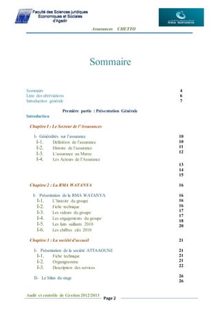 Assurances CHETTO
Audit et contrôle de Gestion 2012/2013
Page 2
Sommaire
Sommaire 4
Liste des abréviations 6
Introduction générale 7
Première partie : Présentation Générale
Introduction
Chapitre I : Le Secteur de l’Assurances
I- Généralités sur l’assurance
I-1. Définition de l’assurance
I-2. Histoire de l’assurance
I-3. L’assurance au Maroc
I-4. Les Acteurs de l’Assurance
10
10
11
12
13
14
15
Chapitre 2 : La RMA WATANYA 16
I- Présentation de la RMA WATANYA
I-1. L’histoire du groupe
I-2. Fiche technique
I-3. Les valeurs du groupe
I-4. Les engagements du groupe
I-5. Les faits saillants 2010
I-6. Les chiffres clés 2010
16
16
16
17
17
18
20
Chapitre 3 : La société d’accueil 21
I- Présentation de la société ATTAAOUNE
I-1. Fiche technique
I-2. Organigramme
I-3. Description des services
II- Le bilan du stage
21
21
21
22
26
26
 