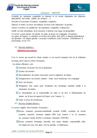 Assurances CHETTO
Audit et contrôle de Gestion 2012/2013
Page 21
Contrôler les opérations comptables en dépense et en recette (imputation des dépenses,
disponibilité des crédits, validité des créances …).
Procéder à la passation d’écritures comptables complexes.
Elaborer et mettre en œuvre des tableaux de bord et des indicateurs de gestion.
Classer et archiver les justificatifs des opérations comptables et financières.
Etablir les états périodiques de la trésorerie et détecter tout risque de déséquilibre.
Ce service a pour mission de calculer les gains de payer à la compagnie d’assurance.
Les gains de l’agence se calculent sur la base de la prime nette (HT), et dépend généralement
des garanties, car chaque garantie a sa propre commission pour l’assureur. Généralement le
pourcentage est de 12%.
3.3 Service sinistre :
Définition du sinistre
C'est le service qui accueil les clients victimes et son travail commence lors de la réalisation
du risque prévu dans le contrat d'assurance.
Les tâches effectuées sont :
 Ouverture du dossier lors de la déclaration.
 Gestion des dossiers
 Rassemblement des pièces nécessaires pour le règlement du sinistre
 Enregistrement des dossiers sinistres +saisie envoi bordereaux à la compagnie
 Suivi des dossiers
 Désignation d'un expert pour l'évaluation des dommages matériels relatifs à la
déclaration du sinistre.
 La détermination de la responsabilité du client et du tiers et l'indemnisation du
sinistre sur la base du rapport de l'expert (voir l’annexe 1)
 Saisie et envoi des bordereaux.
4.3 Service risques divers :
Ce service englobe deux branches d’assurance :
Service assurance personnes (individuelle accident SABIL, accidents de travail,
accidents corporels, assurance maladie DIM (voir l’annexe 2 et 3), assurance
vie, assurance retraite KENZ, et assurance éducation TAWFIK).
Service assurance dommages (incendie, tout risque chantier, responsabilité civile,
vol, dégâts des eaux, bris glace, bris de machine, et multirisque).
 