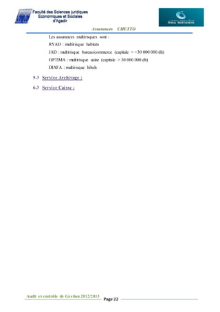 Assurances CHETTO
Audit et contrôle de Gestion 2012/2013
Page 22
Les assurances multirisques sont :
RYAD : multirisque habitats
JAD : multirisque bureau/commerce (capitale < =30 000 000 dh)
OPTIMA : multirisque usine (capitale > 30 000 000 dh)
DIAFA : multirisque hôtels
5.3 Service Archivage :
6.3 Service Caisse :
 