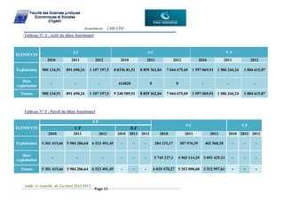 Assurances CHETTO
Audit et contrôle de Gestion 2012/2013
Page 31
Tableau N° 4 : Actif du bilan fonctionnel
Tableau N° 5 : Passif du bilan fonctionnel
ELEMENTS
A.I A.C T.A
2010 2011 2012 2010 2011 2012 2010 2011 2012
Exploitation 900 134,51 891 690,24 1 107 197,5 8 8336 81,51 8 859 362,84 7 044 675,69 1 597 069,91 1 586 244,24 1 884 615,87
Hors
exploitation
- - - 414828 0 0 - - -
Totaux 900 134,51 891 690,24 1 107 197,5 9 248 509,51 8 859 362,84 7 044 675,69 1 597 069,91 1 586 244,24 1 884 615,87
ELEMENTS
F.P
P.C T.P
C.P D.F
2010 2011 2012 2010 2011 2012 2010 2011 2012 2010 2011 2012
Exploitation 5 301 415,66 5 984 206,64 6 523 491,45 - - - 284 233,17 387 976,39 402 568,38 - - -
Hors
exploitation
- - - - - - 5 745 237,1 4 965 114,29 3 092 429,23 - - -
Totaux 5 301 415,66 5 984 206,64 6 523 491,45 - - - 6 029 470,27 5 353 090,68 3 512 997,61 - - -
 