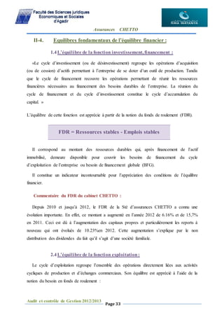 Assurances CHETTO
Audit et contrôle de Gestion 2012/2013
Page 33
II-4. Equilibres fondamentaux de l’équilibre financier :
1.4 L’équilibre de la fonction investissement, financement :
«Le cycle d’investissement (ou de désinvestissement) regroupe les opérations d’acquisition
(ou de cession) d’actifs permettant à l’entreprise de se doter d’un outil de production. Tandis
que le cycle de financement recouvre les opérations permettant de réunir les ressources
financières nécessaires au financement des besoins durables de l’entreprise. La réunion du
cycle de financement et du cycle d’investissement constitue le cycle d’accumulation du
capital. »
L’équilibre de cette fonction est apprécie à partir de la notion du fonds de roulement (FDR).
FDR = Ressources stables - Emplois stables
Il correspond au montant des ressources durables qui, après financement de l’actif
immobilisé, demeure disponible pour couvrir les besoins de financement du cycle
d’exploitation de l’entreprise ou besoin de financement globale (BFG).
Il constitue un indicateur incontournable pour l’appréciation des conditions de l’équilibre
financier.
Commentaire du FDR du cabinet CHETTO :
Depuis 2010 et jusqu’à 2012, le FDR de la Sté d’assurances CHETTO a connu une
évolution importante. En effet, ce montant a augmenté en l’année 2012 de 6.16% et de 15,7%
en 2011. Ceci est dû à l’augmentation des capitaux propres et particulièrement les reports à
nouveau qui ont évolués de 10.23%en 2012. Cette augmentation s’explique par le non
distribution des dividendes du fait qu’il s’agit d’une société familiale.
2.4 L’équilibre de la fonction exploitation :
Le cycle d’exploitation regroupe l’ensemble des opérations directement liées aux activités
cycliques de production et d’échanges commerciaux. Son équilibre est apprécié à l’aide de la
notion du besoin en fonds de roulement :
 