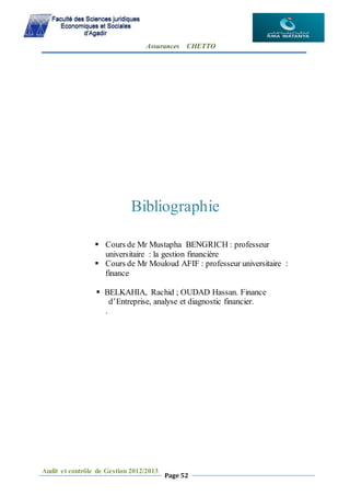 Assurances CHETTO
Audit et contrôle de Gestion 2012/2013
Page 52
Bibliographie
 Cours de Mr Mustapha BENGRICH : professeur
universitaire : la gestion financière
 Cours de Mr Mouloud AFIF : professeur universitaire :
finance
 BELKAHIA, Rachid ; OUDAD Hassan. Finance
d’Entreprise, analyse et diagnostic financier.
.
 