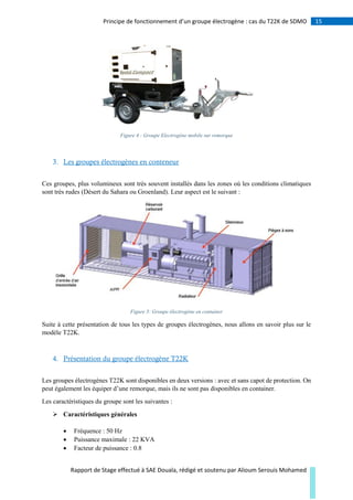 15Principe de fonctionnement d’un groupe électrogène : cas du T22K de SDMO
Rapport de Stage effectué à SAE Douala, rédigé et soutenu par Alioum Serouis Mohamed
Figure 4 : Groupe Electrogène mobile sur remorque
3. Les groupes électrogènes en conteneur
Ces groupes, plus volumineux sont très souvent installés dans les zones où les conditions climatiques
sont très rudes (Désert du Sahara ou Groenland). Leur aspect est le suivant :
Figure 5: Groupe électrogène en container
Suite à cette présentation de tous les types de groupes électrogènes, nous allons en savoir plus sur le
modèle T22K.
4. Présentation du groupe électrogène T22K
Les groupes électrogènes T22K sont disponibles en deux versions : avec et sans capot de protection. On
peut également les équiper d’une remorque, mais ils ne sont pas disponibles en container.
Les caractéristiques du groupe sont les suivantes :
 Caractéristiques générales
 Fréquence : 50 Hz
 Puissance maximale : 22 KVA
 Facteur de puissance : 0.8
 