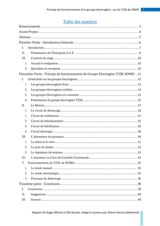 1Principe de fonctionnement d’un groupe électrogène : cas du T22K de SDMO
Rapport de Stage effectué à SAE Douala, rédigé et soutenu par Alioum Serouis Mohamed
Table des matières
Remerciements.............................................................................................................3
Avant-Propos ...............................................................................................................4
Abstract........................................................................................................................5
Première Partie : Introduction Générale ........................................................................6
I. Introduction................................................................................................................................ 7
II. Présentation de l’Entreprise S.A.E....................................................................................... 8
III. Contexte du stage................................................................................................................. 10
1. Accueil et intégration........................................................................................................... 10
2. Quotidien en entreprise ....................................................................................................... 10
Deuxième Partie : Principe de fonctionnement du Groupe Electrogène T22K SDMO ..11
I. Généralités sur les groupes électrogènes ................................................................................ 12
1. Les groupes électrogènes fixes ............................................................................................ 12
2. Les groupes électrogènes mobiles....................................................................................... 14
3. Les groupes électrogènes en conteneur .............................................................................. 15
4. Présentation du groupe électrogène T22K......................................................................... 15
II. Le Moteur............................................................................................................................. 17
1. Le circuit de démarrage....................................................................................................... 18
1. Circuit de combustion ......................................................................................................... 21
2. Circuit de refroidissement ................................................................................................... 25
3. Circuit de lubrification......................................................................................................... 26
4. Circuit électrique.................................................................................................................. 28
III. L’alternateur de puissance................................................................................................... 30
1. Le stator et le rotor............................................................................................................... 31
2. Le pont de diodes................................................................................................................. 32
3. Le régulateur de tensions..................................................................................................... 32
IV. L’automate ou Carte de Contrôle/Commande................................................................. 33
V. Fonctionnement du T22K de SDMO .................................................................................... 35
1. Le mode manuel .................................................................................................................. 35
2. Le mode automatique.......................................................................................................... 35
3. Processus de démarrage....................................................................................................... 36
Troisième partie : Conclusion......................................................................................38
I. Conclusion................................................................................................................................ 39
II. Suggestions........................................................................................................................... 40
III. Sources.................................................................................................................................. 40
 