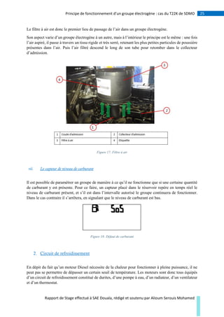25Principe de fonctionnement d’un groupe électrogène : cas du T22K de SDMO
Rapport de Stage effectué à SAE Douala, rédigé et soutenu par Alioum Serouis Mohamed
Le filtre à air est donc le premier lieu de passage de l’air dans un groupe électrogène.
Son aspect varie d’un groupe électrogène à un autre, mais à l’intérieur le principe est le même : une fois
l’air aspiré, il passe à travers un tissu rigide et très serré, retenant les plus petites particules de poussière
présentes dans l’air. Puis l’air filtré descend le long de son tube pour retomber dans le collecteur
d’admission.
Figure 17: Filtre à air
vii. Le capteur de niveau de carburant
Il est possible de paramétrer un groupe de manière à ce qu’il ne fonctionne que si une certaine quantité
de carburant y est présente. Pour ce faire, un capteur placé dans le réservoir repère en temps réel le
niveau de carburant présent, et s’il est dans l’intervalle autorisé le groupe continuera de fonctionner.
Dans le cas contraire il s’arrêtera, en signalant que le niveau de carburant est bas.
Figure 18: Défaut de carburant
2. Circuit de refroidissement
En dépit du fait qu’un moteur Diesel nécessite de la chaleur pour fonctionner à pleine puissance, il ne
peut pas se permettre de dépasser un certain seuil de température. Les moteurs sont donc tous équipés
d’un circuit de refroidissement constitué de durites, d’une pompe à eau, d’un radiateur, d’un ventilateur
et d’un thermostat.
 