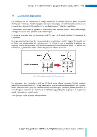 30Principe de fonctionnement d’un groupe électrogène : cas du T22K de SDMO
Rapport de Stage effectué à SAE Douala, rédigé et soutenu par Alioum Serouis Mohamed
III. L’alternateur de puissance
Un alternateur est un convertisseur d’énergie mécanique en énergie électrique. Dans un groupe
électrogène, l’alternateur prend l’énergie mécanique du moteur pour la transformer en courant avec une
fréquence bien déterminée. Pour ce faire, il se sert du principe de l’induction magnétique.
L’alternateur d’un T22K est de type ECP. Il est autorégulé, sans bagues ni balais à 4 pôles. Les bobinages
sont à pas raccourcis pour réduire le taux d’harmoniques.
Le grade de protection pour ces alternateurs est IP23, mais à la demande du client il est possible de
l’augmenter.
En ce qui concerne le couplage des enroulements, tous les alternateurs sont prévus pour être couplés soit
en étoile avec un neutre (Y) soit en triangle (Δ) ; ils offrent en plus la possibilité de changer leur
couplage, d’étoile à triangle sans avoir à toucher au régulateur de tension mais plutôt à la position des
barrettes sur la planchette à bornes comme indiqué sur le schéma ci-dessous :
Figure 25: Schéma de couplage d'un alternateur 6 fils
Les alternateurs sont construits en série de 12 fils de sortie afin de permettre d’obtenir plusieurs
possibilités de tensions (115/200/230/400 V) à la sortie. Ils peuvent être soit monophasés soit triphasés,
mais il est très difficile d’effectuer les enroulements nécessaires pour obtenir de grandes puissances en
sortie lorsqu’un alternateur est monophasé. C’est la raison pour laquelle les groupes de moyenne et
grande puissance sont tous triphasés.
Voici quelques façons de câbler les alternateurs :
 