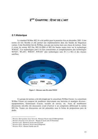 2EME CHAPITRE : ETAT DE L’ART




2.1 Historique

         Le standard WiMax 802.16 a été publié pour la première fois en décembre 2001. Cette
norme est très flexible et elle permet une implémentation dans des bandes de fréquences
variées. Cette flexibilité fait du WiMax, non pas une norme mais une classe de normes. Ainsi
il existe les norme 802.16a, 802.16-2004 et 802.16e basées toutes trois sur la technologie
WMAN 1. Ces technologies sont à la fois concurrentes et complémentaires des technologies
WPAN 2, WLAN 3, WRAN 4, WWAN 5 (des technologies sans fil 2 à 4G) et des réseaux
satellites.




                         Figure 1 - Réseaux sans fil, selon l'IEEE




        Ce groupe de normes a été développé par le consortium WiMax Forum. Le consortium
WiMax Forum est composé de nombreux intervenants aux horizons et stratégies diverses :
équipementiers, fournisseurs d’accès, sociétés de service, etc. Aussi de nombreuses
discussions ont-elles été nécessaires avant d’arriver à un compromis définissant la norme
802.16e. Toutes ces discussions ont été présentées sous la forme de propositions puis de
drafts.


1
  Wireless Metropolitan Area Network - Réseau d'Accès sans fil Métropolitain
2
  Wireless Personal Area Network – Réseau d’Accès sans fil Personnel
3
  Wireless LAN - Réseau d’Accès sans fil Local
4
  Wireless RAN - Réseau d’Accès sans fil Régional
5
  Wireless WAN - Réseau Etendu sans fil


                                                                                         13
 