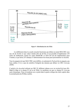 Figure 9 - Distribution des clés TEKs



        Le chiffrement dans la couche sécurité fonctionne par défaut en mode DES-CBC avec
une clé de 54 bits et une valeur initiale (IV) de 64 bits. Il est possible d’implémenter 255
suites de chiffrement. Seules les suites DES6CBC et AES-128 ont été implémentées pour
l’instant, ce qui laisse 253 champs à l’administrateur du réseau pour personnaliser sa sécurité.

Tous les paquets de type MAC PDU sont chiffrés, et seulement le Payload de ces paquets, pas
leurs entêtes. Il n’y a pas de contrôle d’intégrité des données par défaut. Le CRC n’est pas
chiffré.

L’uplink et le downlink utilisent un CBC IV différent (obtenu avec ou exclusif de leurs DL-
Map/UL-Map et le champ IV de la clé TEK). Le problème est que ce champ IV n’est pas
assez dynamique. Nous reviendrons sur ce point dans la partie critique des choix opérés dans
la normalisation du WiMax mobile.




                                                                                             27
 