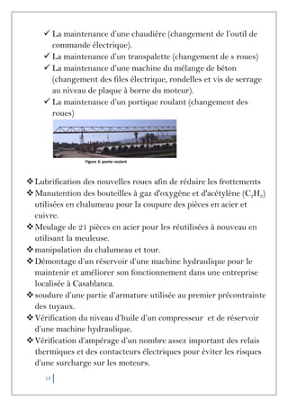 14
 La maintenance d’une chaudière (changement de l’outil de
commande électrique).
 La maintenance d’un transpalette (changement de s roues)
 La maintenance d’une machine du mélange de béton
(changement des files électrique, rondelles et vis de serrage
au niveau de plaque à borne du moteur).
 La maintenance d’un portique roulant (changement des
roues)
Figure 3: ponte roulant
Lubrification des nouvelles roues afin de réduire les frottements
Manutention des bouteilles à gaz d'oxygène et d'acétylène (C2H2)
utilisées en chalumeau pour la coupure des pièces en acier et
cuivre.
Meulage de 21 pièces en acier pour les réutilisées à nouveau en
utilisant la meuleuse.
manipulation du chalumeau et tour.
Démontage d’un réservoir d’une machine hydraulique pour le
maintenir et améliorer son fonctionnement dans une entreprise
localisée à Casablanca.
soudure d’une partie d’armature utilisée au premier précontrainte
des tuyaux.
Vérification du niveau d’huile d’un compresseur et de réservoir
d’une machine hydraulique.
Vérification d’ampérage d’un nombre assez important des relais
thermiques et des contacteurs électriques pour éviter les risques
d’une surcharge sur les moteurs.
 
