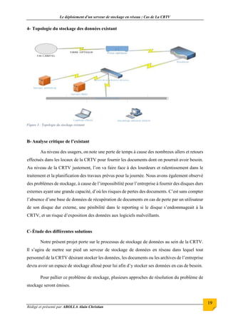 Le déploiement d’un serveur de stockage en réseau : Cas de La CRTV
Rédigé et présenté par ABOLLA Alain Christian
19
4- Topologie du stockage des données existant
Figure 3 : Topologie du stockage existant
B- Analyse critique de l’existant
Au niveau des usagers, on note une perte de temps à cause des nombreux allers et retours
effectués dans les locaux de la CRTV pour fournir les documents dont on pourrait avoir besoin.
Au niveau de la CRTV justement, l’on va faire face à des lourdeurs et ralentissement dans le
traitement et la planification des travaux prévus pour la journée. Nous avons également observé
des problèmes de stockage, à cause de l’impossibilité pour l’entreprise à fournir des disques durs
externes ayant une grande capacité, d’où les risques de pertes des documents. C’est sans compter
l’absence d’une base de données de récupération de documents en cas de perte par un utilisateur
de son disque dur externe, une pénibilité dans le reporting si le disque s’endommageait à la
CRTV, et un risque d’exposition des données aux logiciels malveillants.
C-Étude des différentes solutions
Notre présent projet porte sur le processus de stockage de données au sein de la CRTV.
Il s’agira de mettre sur pied un serveur de stockage de données en réseau dans lequel tout
personnel de la CRTV désirant stocker les données, les documents ou les archives de l’entreprise
devra avoir un espace de stockage alloué pour lui afin d’y stocker ses données en cas de besoin.
Pour pallier ce problème de stockage, plusieurs approches de résolution du problème de
stockage seront émises.
 