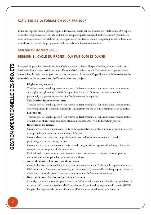 Rapport De Synthèse De Latelier De Formation Sur La Gestion Opératio