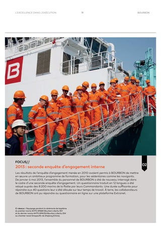 11 BOURBON
FOCUS//
2013 : seconde enquête d’engagement interne
Les résultats de l’enquête d’engagement menée en 2010 avaient permis à BOURBON de mettre
en œuvre un ambitieux programme de formation, pour les sédentaires comme les navigants.
De janvier à mai 2013, l’ensemble du personnel de BOURBON a été de nouveau interrogé dans
le cadre d’une seconde enquête d’engagement. Un questionnaire traduit en 12 langues a été
relayé auprès des 8 200 marins de la ﬂotte par leurs Commandants. Une durée suffisante pour
répondre aux 40 questions leur a été allouée sur leur temps de travail. À terre, les collaborateurs
de BOURBON ont pu répondre au questionnaire en ligne sur une plateforme Extranet.
02
L’EXCELLENCE DANS L’EXÉCUTION
Ci-dessus : l’équipage pendant la cérémonie de baptême
du premier navire AHTS SPA80 Bourbon Liberty 301
et du dernier navire AHTS GPA254 Bourbon Liberty 254
au chantier naval Sinopaciﬁc de Zhejiang (Chine).
 