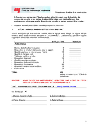 Département de génie de la construction


     Informez-vous concernant l’équipement de sécurité requis lors de la visite. Le
     casque de sécurité et les bottes de sécurité fermées sont habituellement des
     équipements minimaux requis. Lunettes de sécurité et autres peuvent être exigés.

•    Apporter appareil photo/vidéo, matériel pour prendre des notes.

.2        RÉDACTION DU RAPPORT DE VISITE DE CHANTIER

Suite à avoir participé à la visite de chantier, chaque équipe devra rédiger un rapport tel que
décrit au début de ce document à la partie « 1. SOMMAIRE ». L’utilisation du gabarit de rapport
suggéré en annexe est fortement recommandée.

     3.                                               ÉVALUATION              Maximum
      Note obtenue

•    Remise de la feuille d’évaluation                            2
•    Respect de la structure demandée pour le rapport             3
•    Qualité graphique et mise en page / clarté                  10
•    Qualité du français écrit                                    5
•    Table des matières et intro                                  5
•    Description du projet                                       10
•    Conditions météorologiques                                   2
•    Description de la méthodologie                               3
•    Description des travaux                                     40
•    Observations sécurité/particulières                         10
•    Conclusions                                                 10

TOTAL                                                         100
                                                              points, comptant pour 15% de la
                                                              note finale.

À NOTER:       VOUS DEVEZ OBLIGATOIREMENT REMETTRE UNE COPIE DE CETTE
               FEUILLE D’ÉVALUATION AVEC VOTRE RAPPORT S.V.P.

TP-01     RAPPORT DE LA VISITE DE CHANTIER DE : Lowney condos urbains

No. de l’équipe :   4
1.Charles-Alexandre Aubé                          2. Catherine Bélisle

3. Pierre Chevrier                                4. Tatiana Rojas

                                                  .




                                                                                              15
 